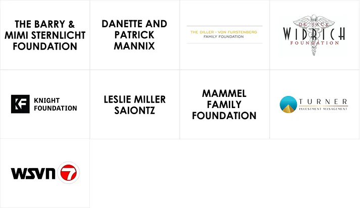 Grid of sponsor and foundation logos and names including The Barry & Mimi Sternlicht Foundation, Danette and Patrick Mannix, The Diller-Von Furstenberg Family Foundation, Widrich Foundation, Knight Foundation, Leslie Miller Saiontz, Mammel Family Foundation, Turner Investment Management, and WSVN 7.
